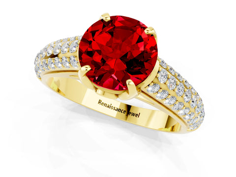 Yellow gold Round Cut Ruby Solitaire Ring with Three-Row Pavé Band and Four-Prong Setting_13