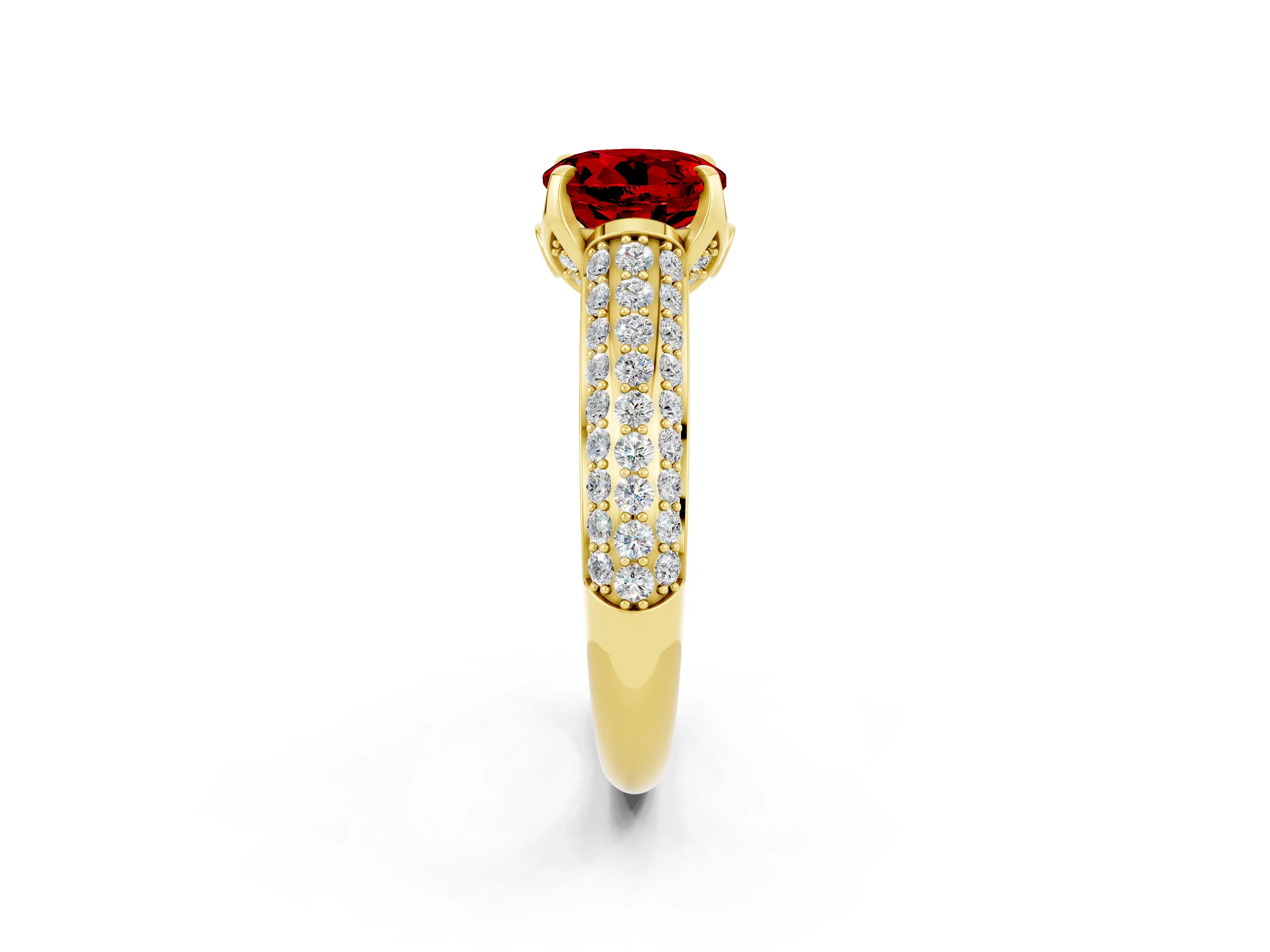 Yellow gold Round Cut Ruby Solitaire Ring with Three-Row Pavé Band and Four-Prong Setting_14