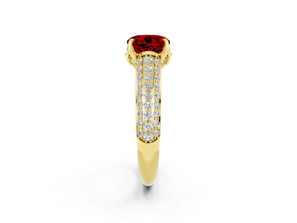Yellow gold Round Cut Ruby Solitaire Ring with Three-Row Pavé Band and Four-Prong Setting