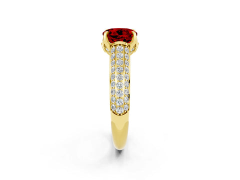 Yellow gold Round Cut Ruby Solitaire Ring with Three-Row Pavé Band and Four-Prong Setting_14