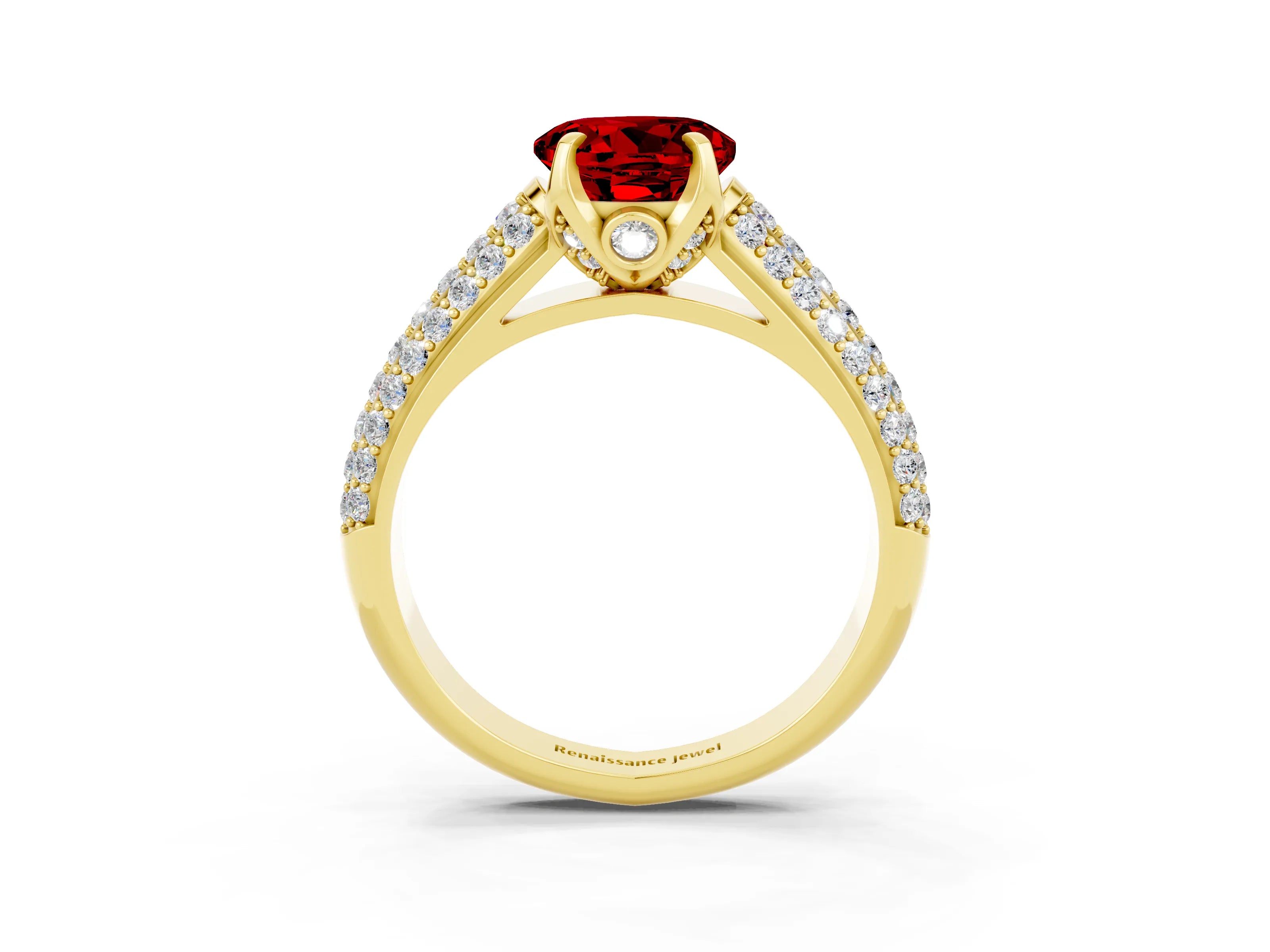 Yellow gold Round Cut Ruby Solitaire Ring with Three-Row Pavé Band and Four-Prong Setting_15