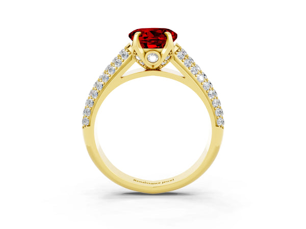 Yellow gold Round Cut Ruby Solitaire Ring with Three-Row Pavé Band and Four-Prong Setting