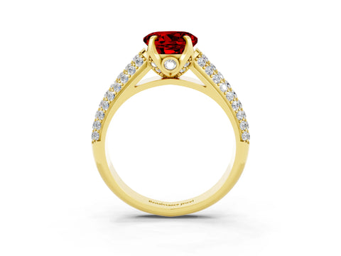 Yellow gold Round Cut Ruby Solitaire Ring with Three-Row Pavé Band and Four-Prong Setting_15
