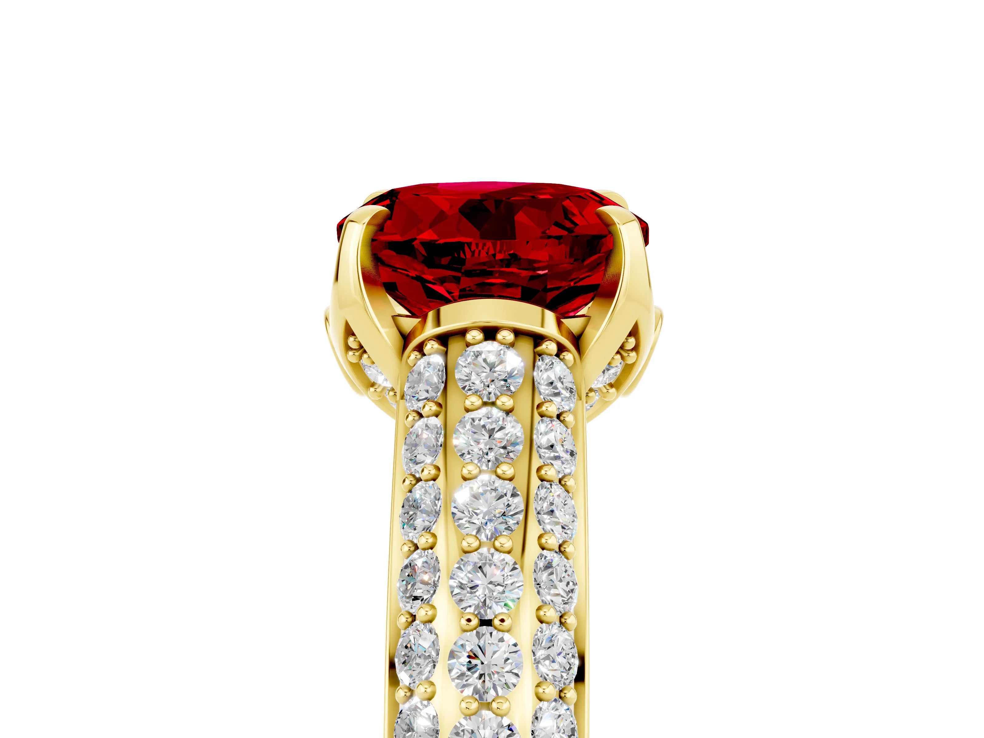 Yellow gold Round Cut Ruby Solitaire Ring with Three-Row Pavé Band and Four-Prong Setting_17