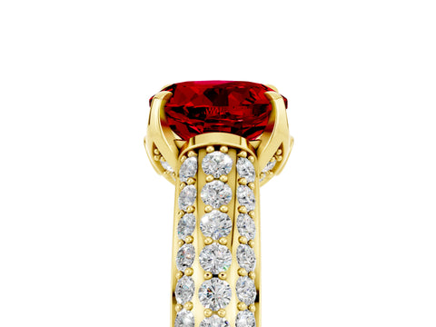 Yellow gold Round Cut Ruby Solitaire Ring with Three-Row Pavé Band and Four-Prong Setting_17