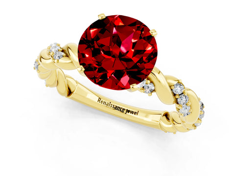 Yellow gold Round Cut Ruby Solitaire Ring with Twisted Band and Pavé Accents_1
