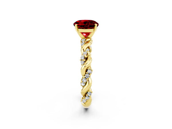 Yellow gold Round Cut Ruby Solitaire Ring with Twisted Band and Pavé Accents