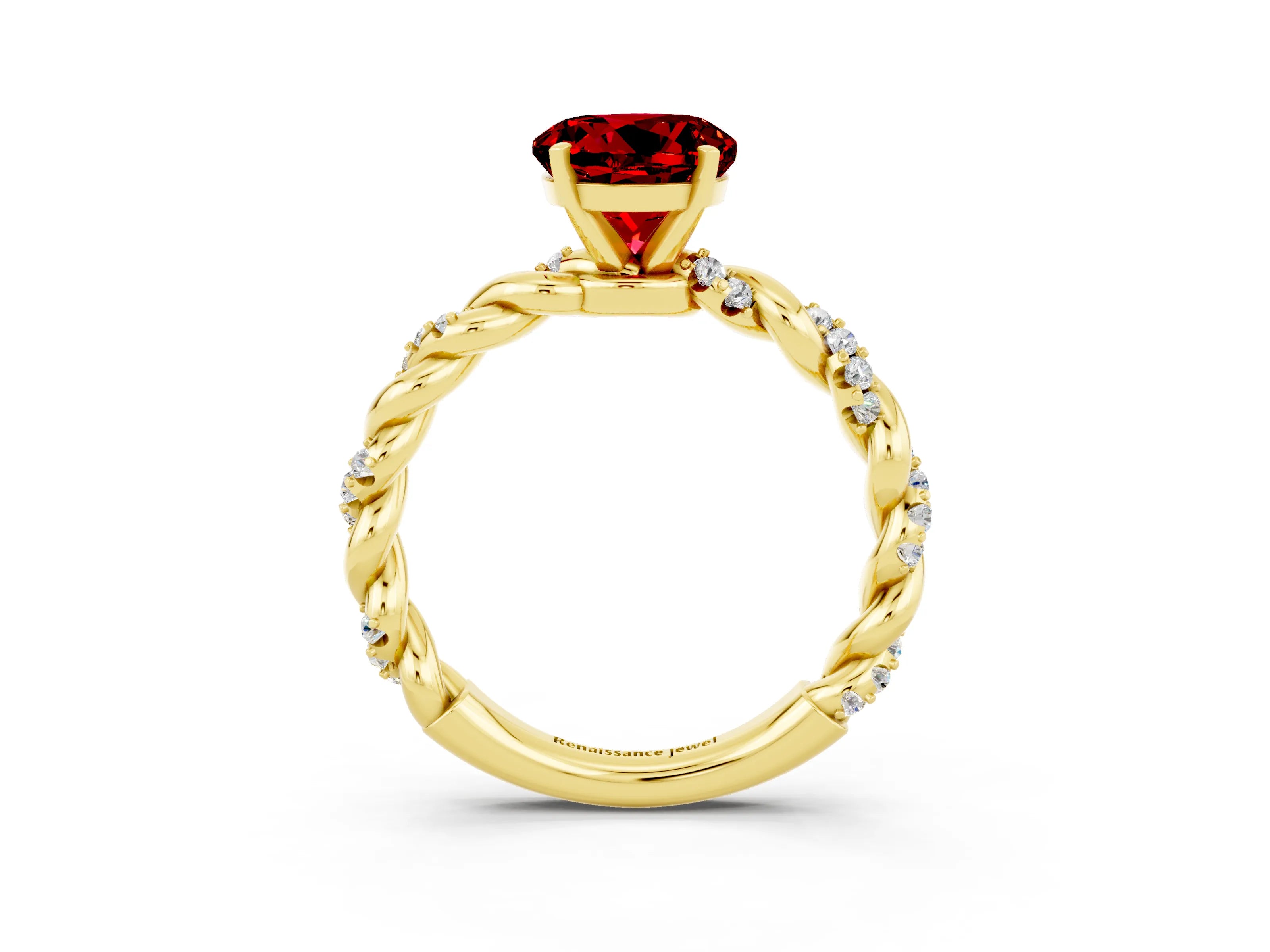 Yellow gold Round Cut Ruby Solitaire Ring with Twisted Band and Pavé Accents_3