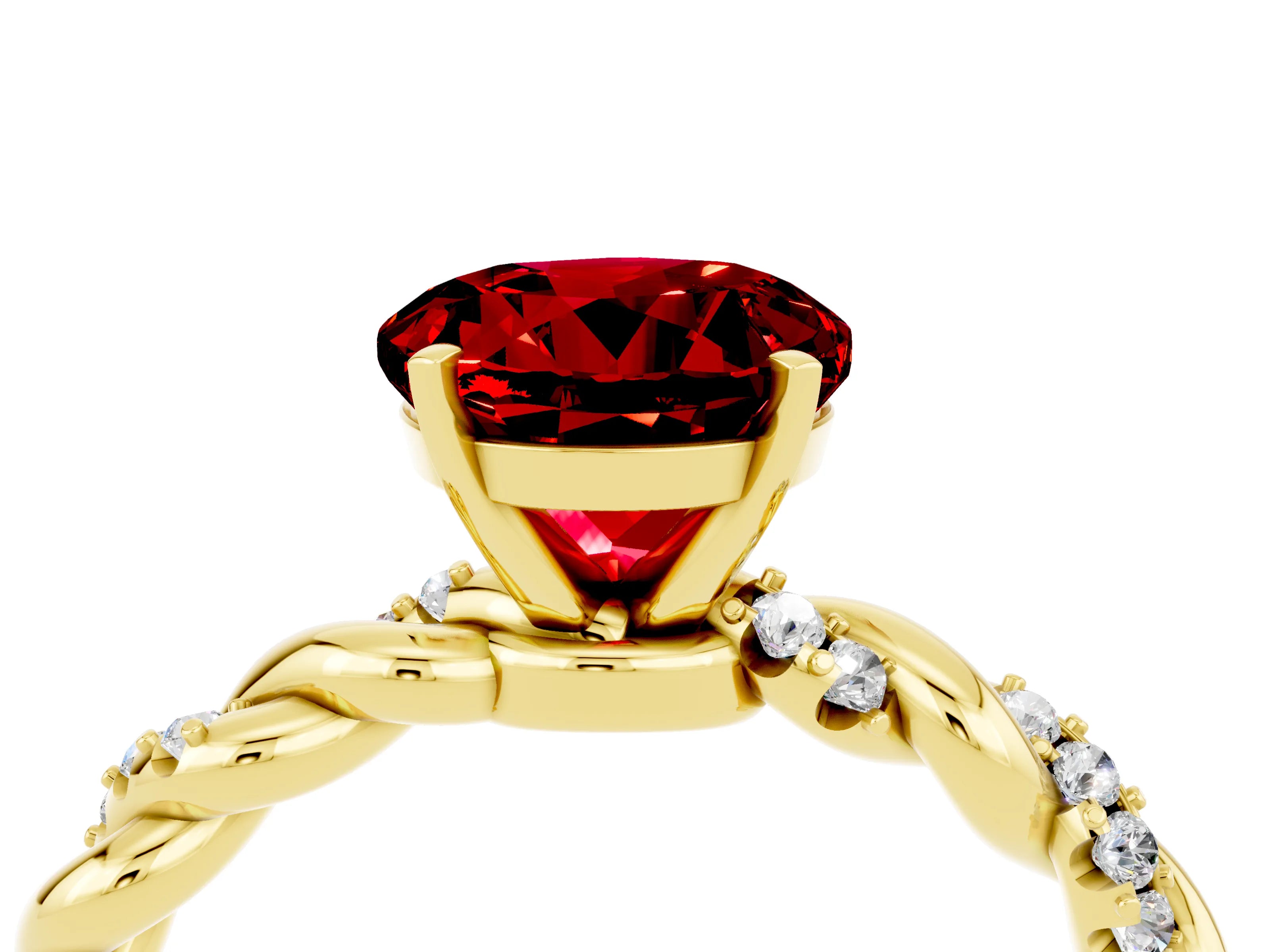 Yellow gold Round Cut Ruby Solitaire Ring with Twisted Band and Pavé Accents_4