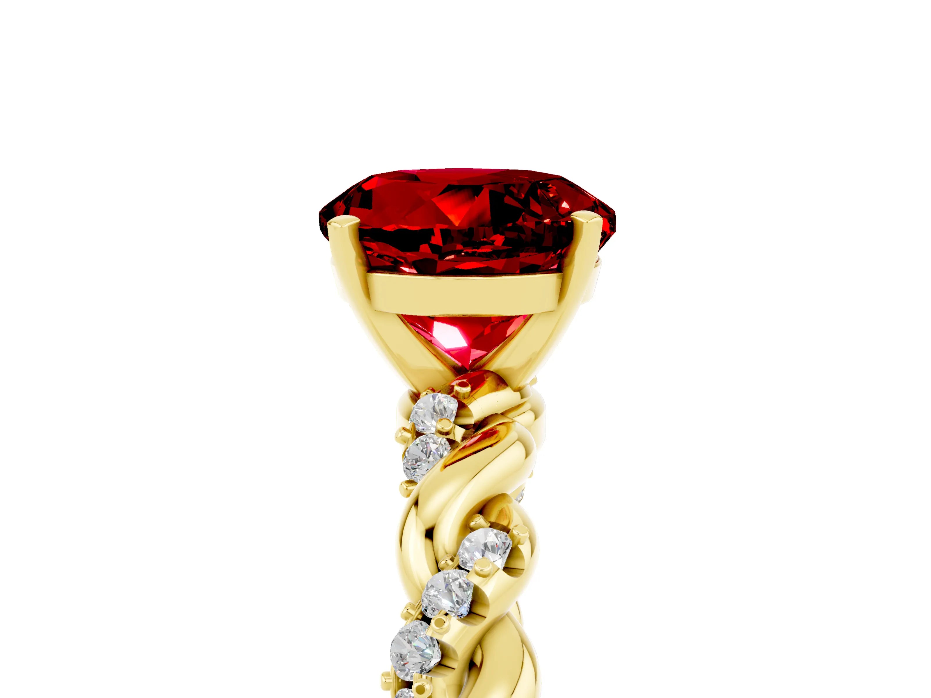 Yellow gold Round Cut Ruby Solitaire Ring with Twisted Band and Pavé Accents_5