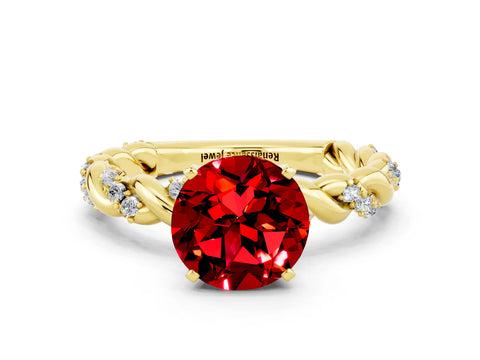 Yellow gold Round Cut Ruby Solitaire Ring with Twisted Band and Pavé Accents