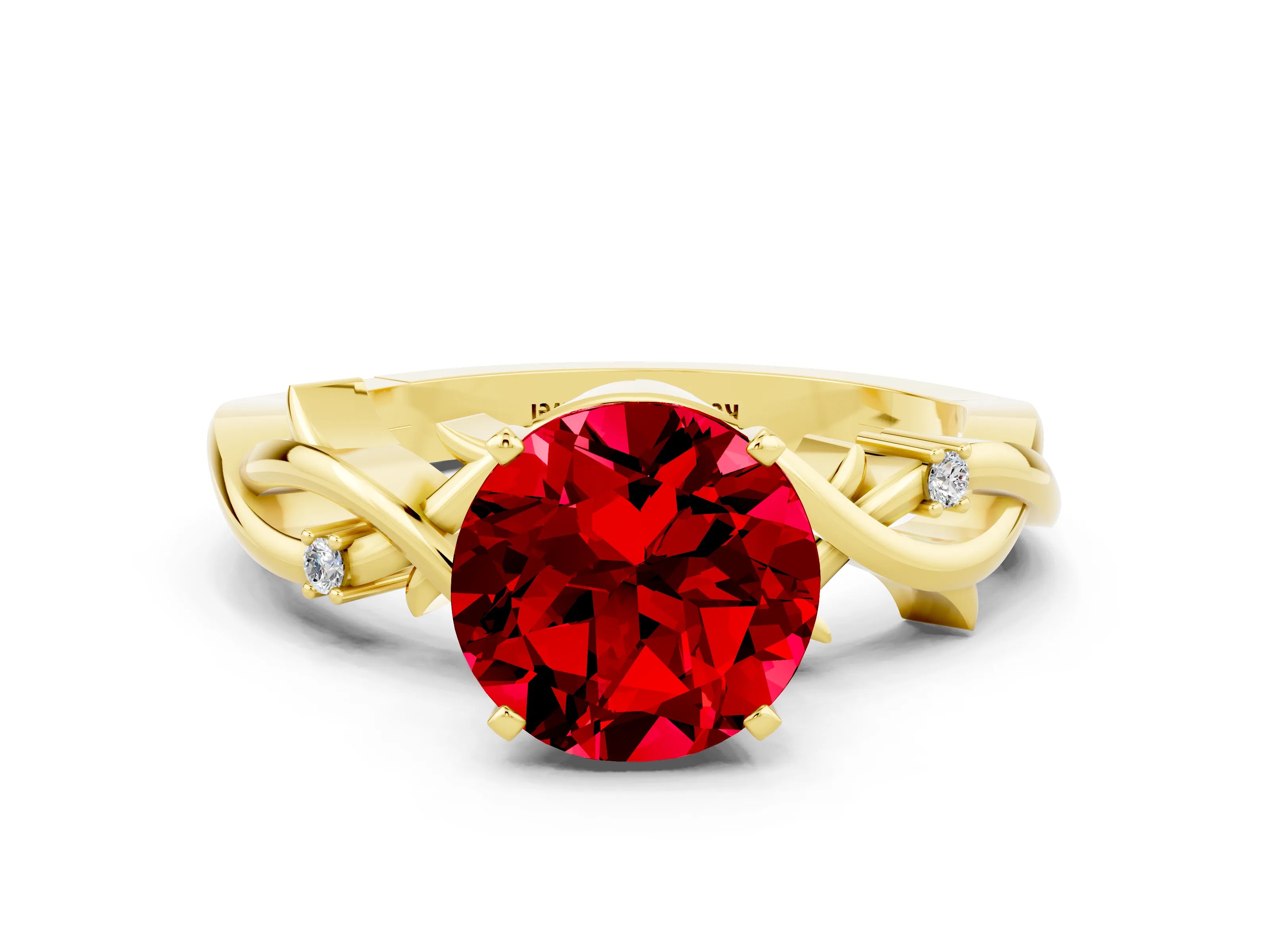 Yellow gold Round Cut Ruby Solitaire Ring with Twisted Band and Prong Setting