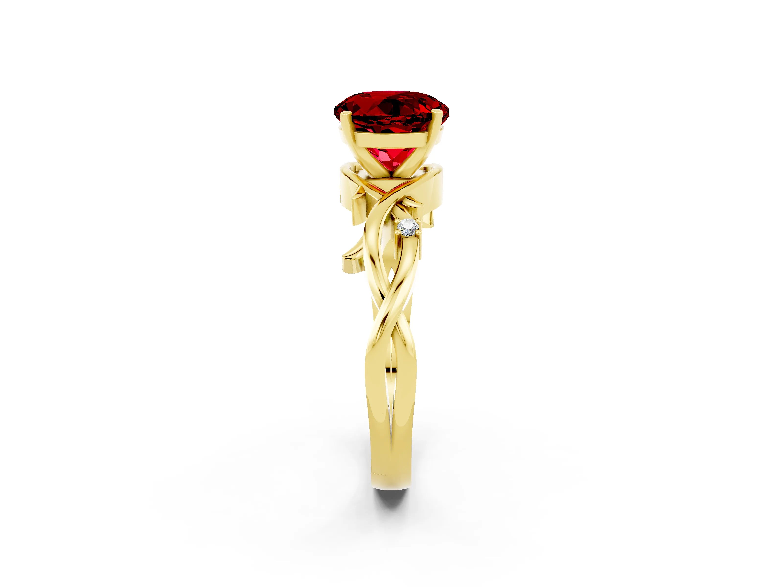 Yellow gold Round Cut Ruby Solitaire Ring with Twisted Band and Prong Setting_2