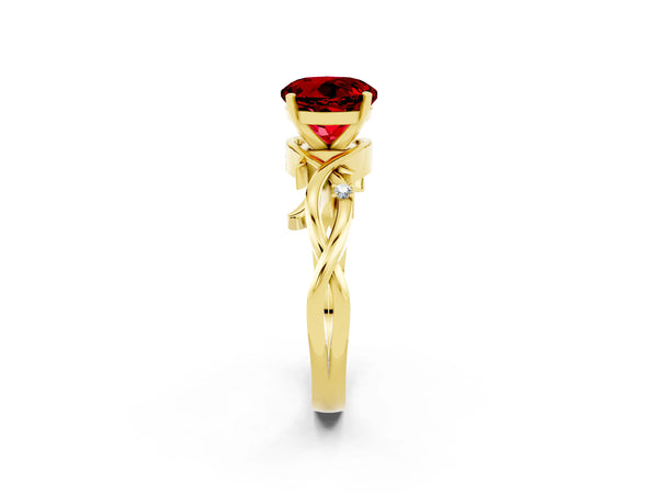 Yellow gold Round Cut Ruby Solitaire Ring with Twisted Band and Prong Setting