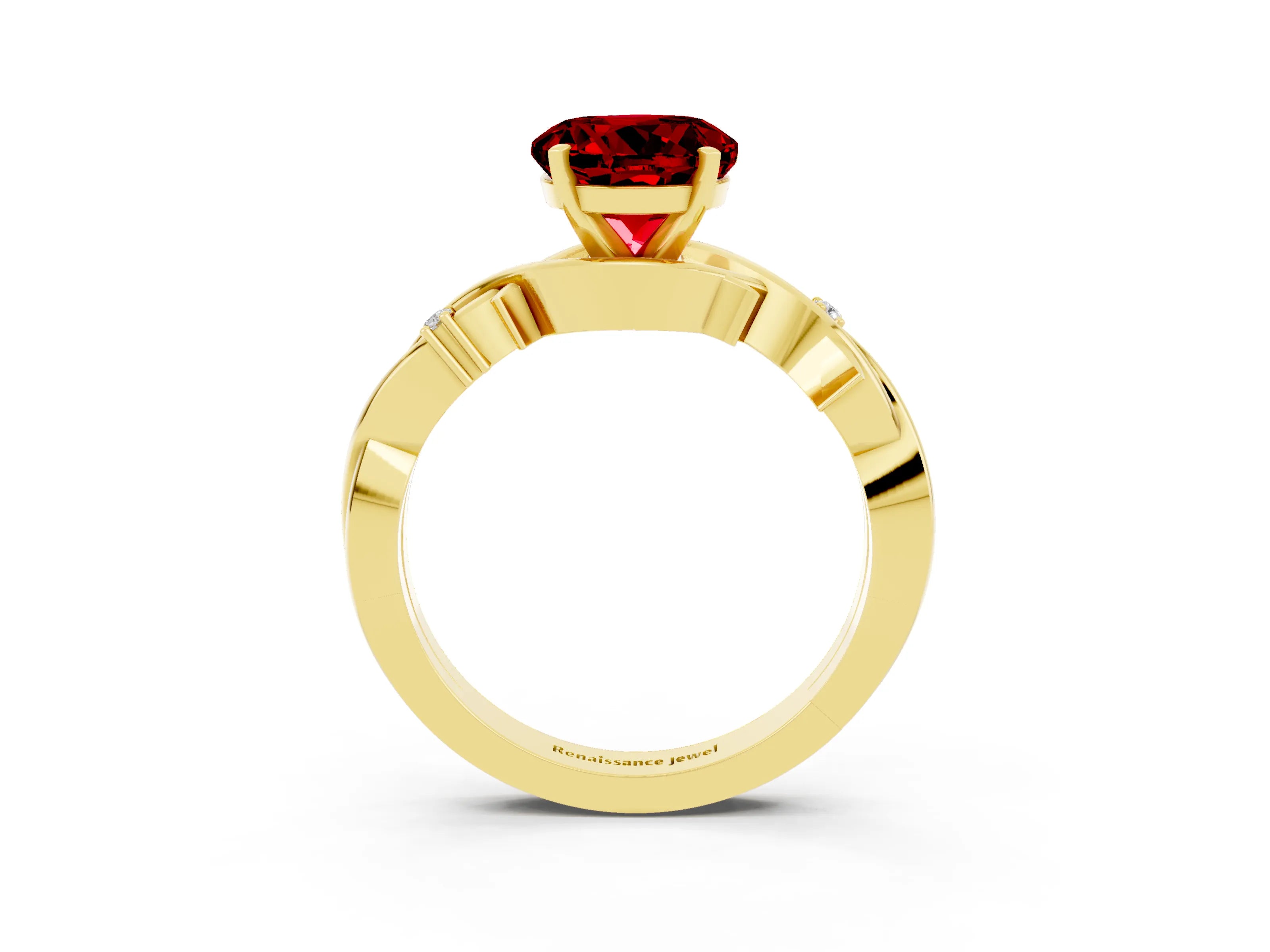 Yellow gold Round Cut Ruby Solitaire Ring with Twisted Band and Prong Setting_3