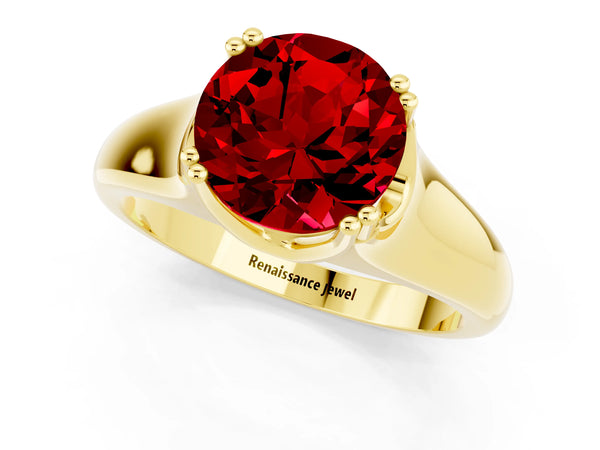 Yellow gold Round Cut Ruby Solitaire Ring with Wide Band and Prong Setting