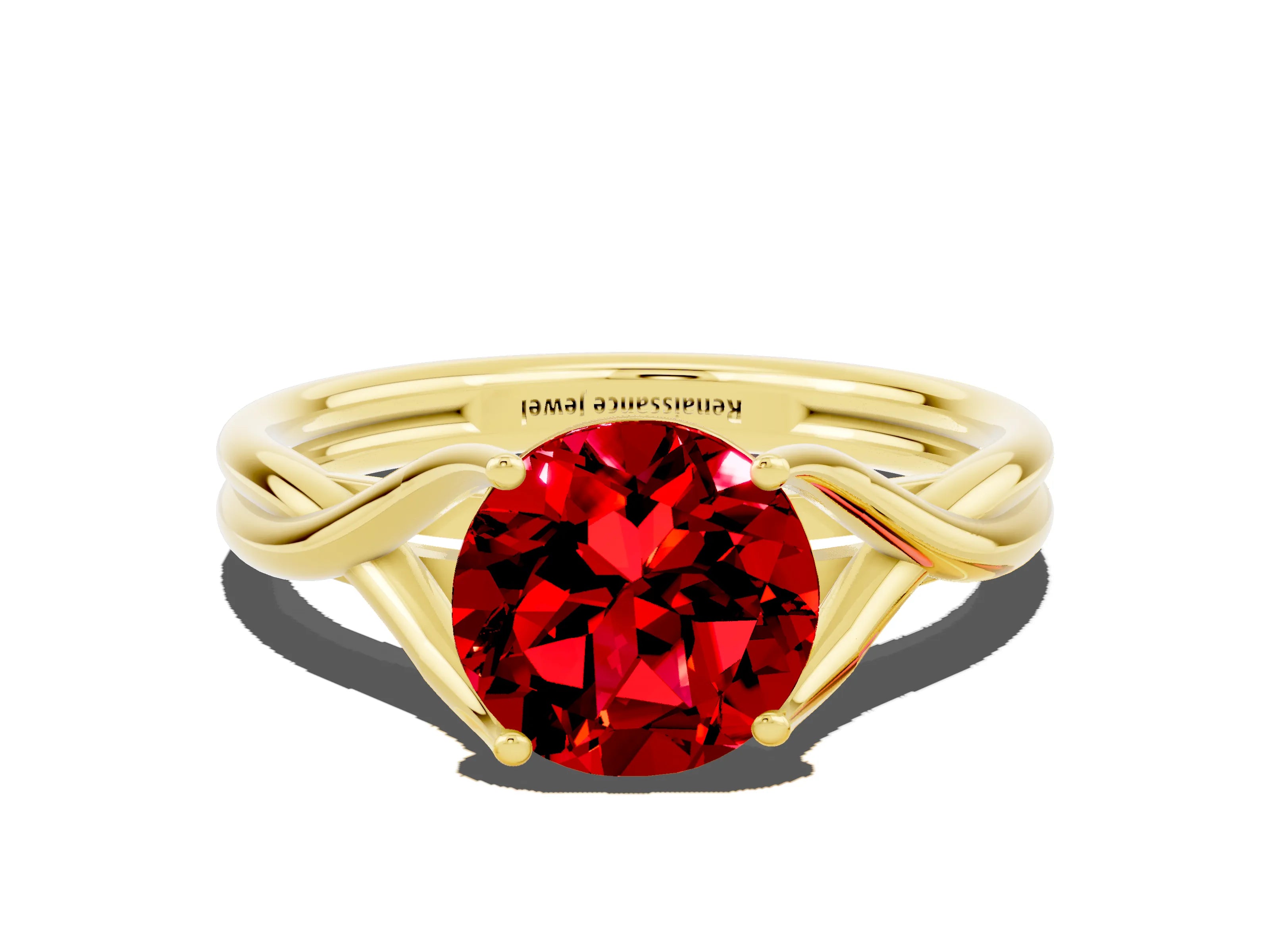 Yellow gold Round Cut Ruby Solitaire Twist Band Prong Setting Ring_36