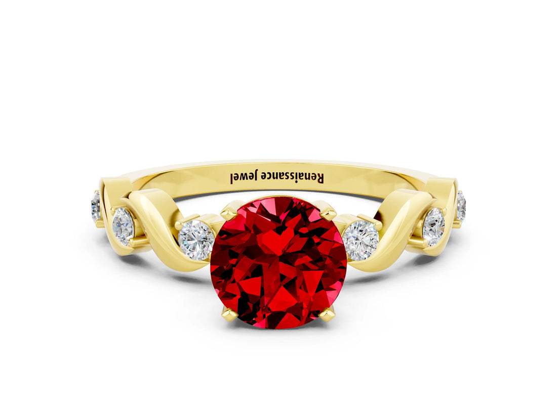 Yellow gold Round Cut Ruby Solitaire Twisted Band with Round  Accents and Prong Setting_12