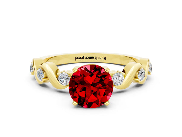 Yellow gold Round Cut Ruby Solitaire Twisted Band with Round  Accents and Prong Setting