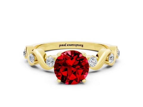 Yellow gold Round Cut Ruby Solitaire Twisted Band with Round  Accents and Prong Setting_12