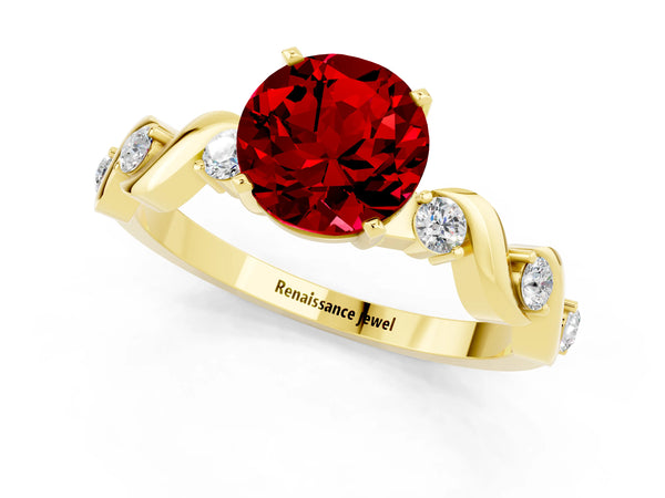 Yellow gold Round Cut Ruby Solitaire Twisted Band with Round  Accents and Prong Setting