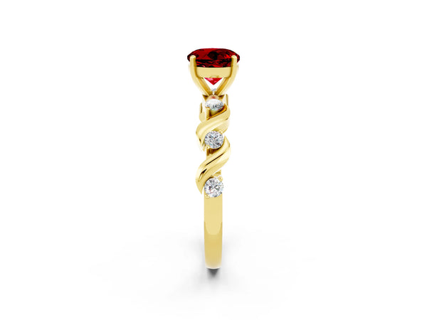 Yellow gold Round Cut Ruby Solitaire Twisted Band with Round  Accents and Prong Setting