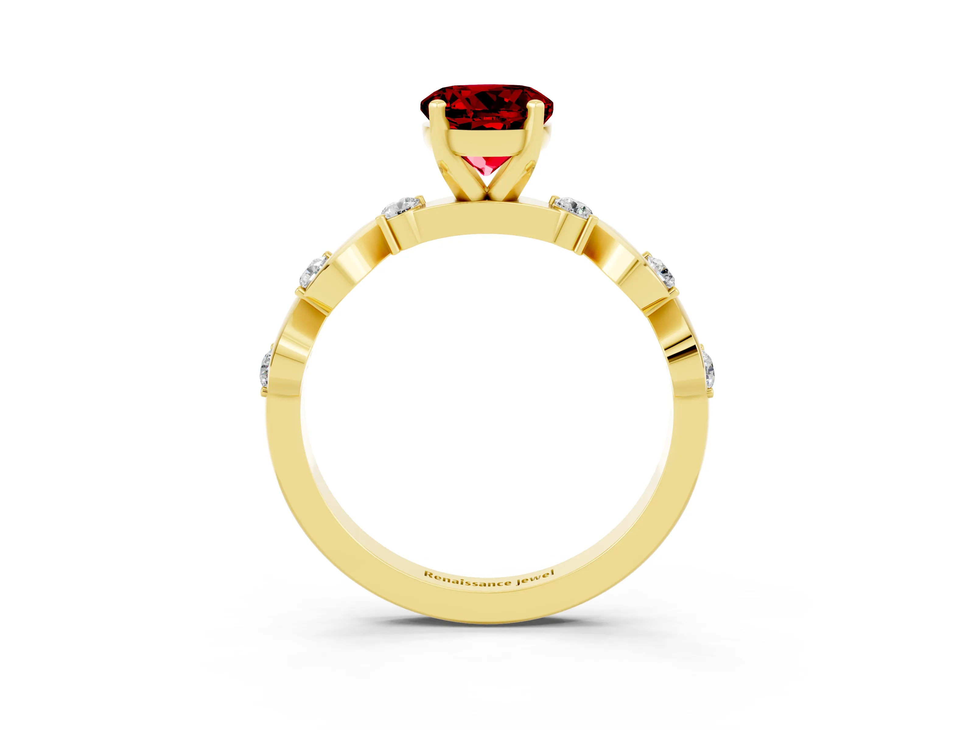 Yellow gold Round Cut Ruby Solitaire Twisted Band with Round  Accents and Prong Setting_15