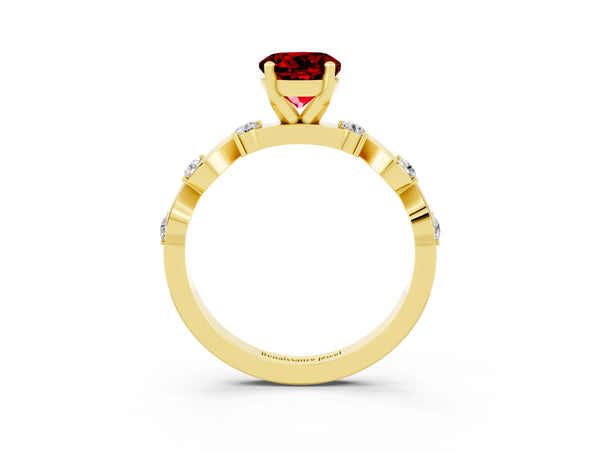 Yellow gold Round Cut Ruby Solitaire Twisted Band with Round  Accents and Prong Setting