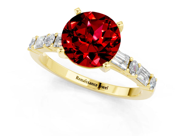 Yellow gold Round Cut Ruby Solitaire with Side Baguettes and Channel Set Band