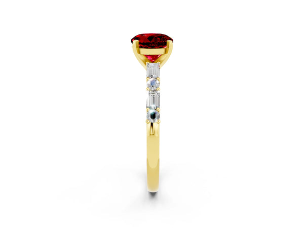 Yellow gold Round Cut Ruby Solitaire with Side Baguettes and Channel Set Band
