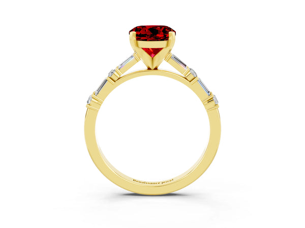 Yellow gold Round Cut Ruby Solitaire with Side Baguettes and Channel Set Band