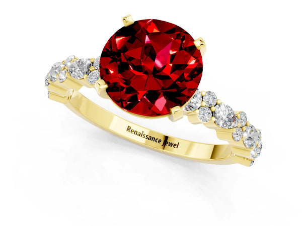Yellow gold Round Cut Ruby Side Stone Solitaire Ring with Round  and Four-Prong Setting