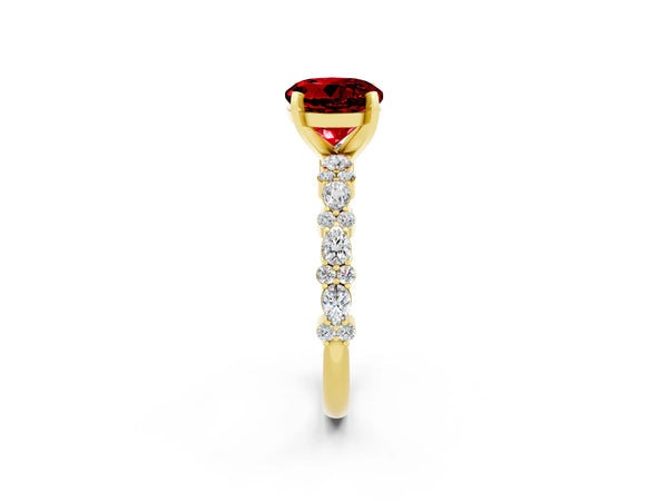 Yellow gold Round Cut Ruby Side Stone Solitaire Ring with Round  and Four-Prong Setting