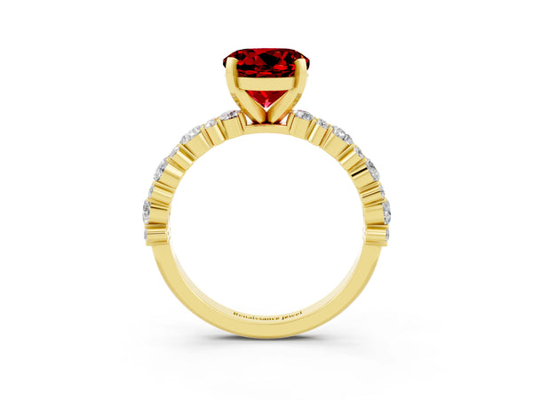 Yellow gold Round Cut Ruby Side Stone Solitaire Ring with Round  and Four-Prong Setting