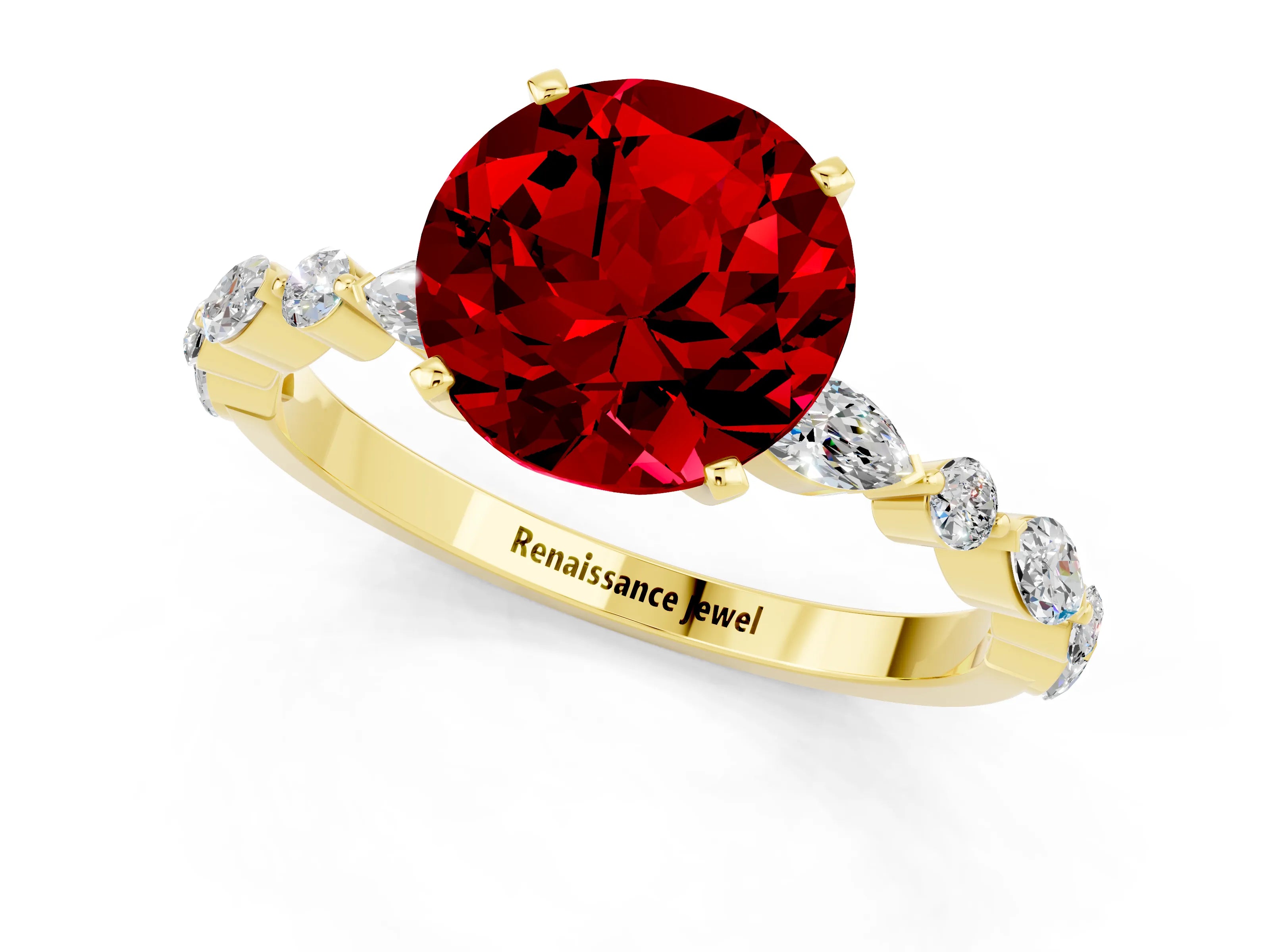 Yellow gold Round Cut Ruby Solitaire with Side Stones on a Pavé Band and Four-Prong Setting_1