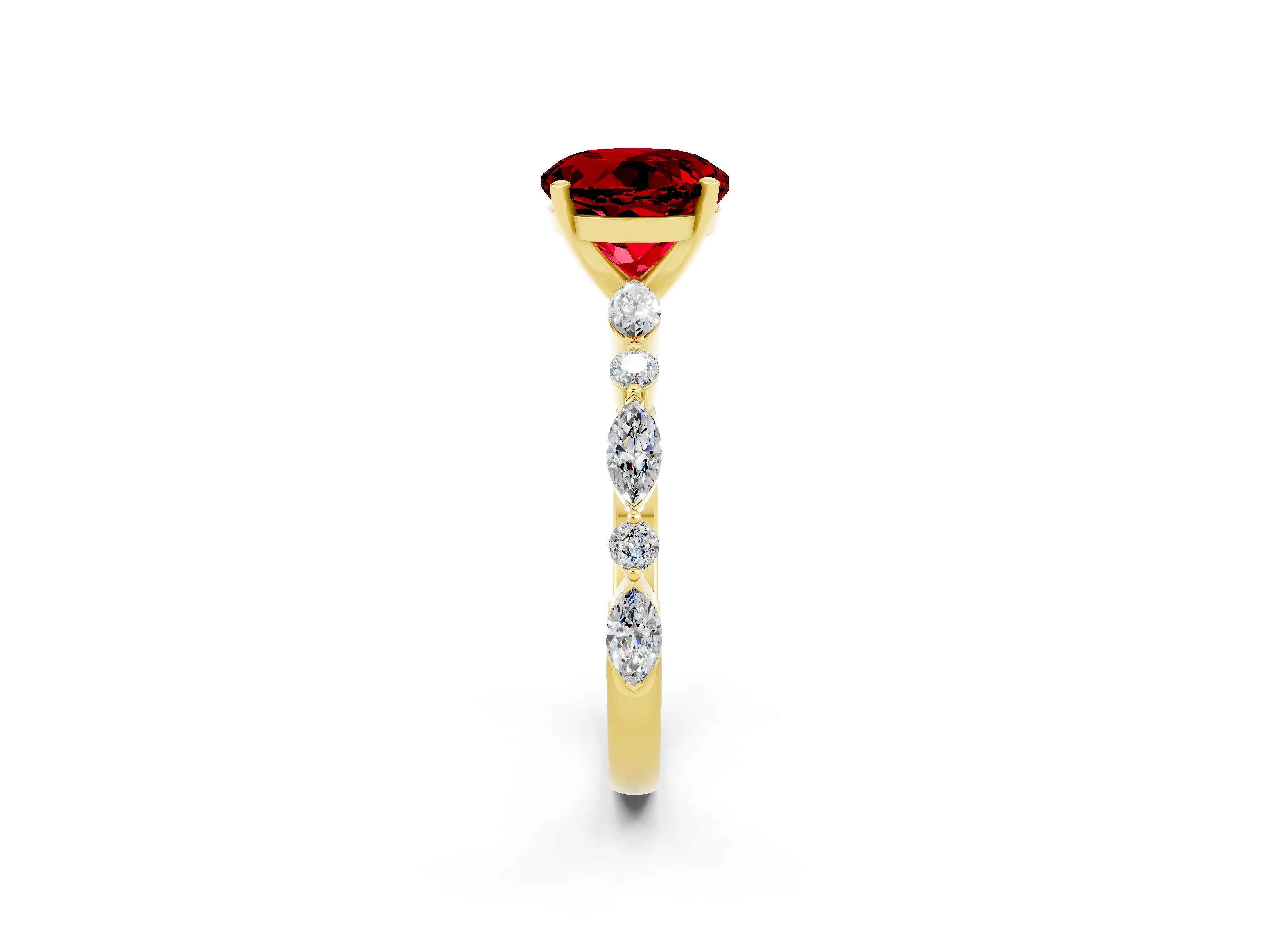 Yellow gold Round Cut Ruby Solitaire with Side Stones on a Pavé Band and Four-Prong Setting_2