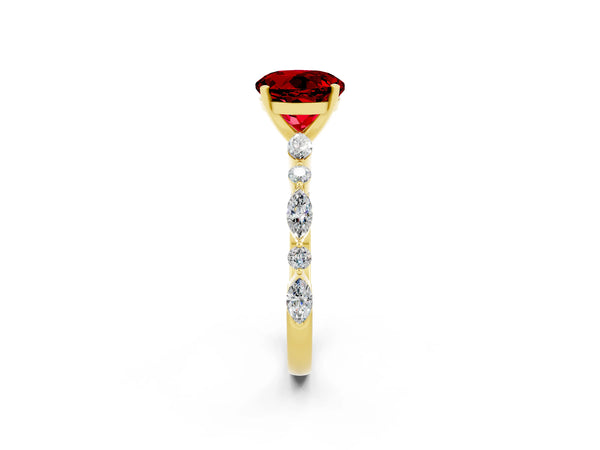 Yellow gold Round Cut Ruby Ring with Marquise and Round  Side Stones and Four-Prong Setting