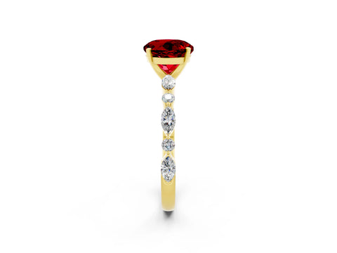 Yellow gold Round Cut Ruby Solitaire with Side Stones on a Pavé Band and Four-Prong Setting_2