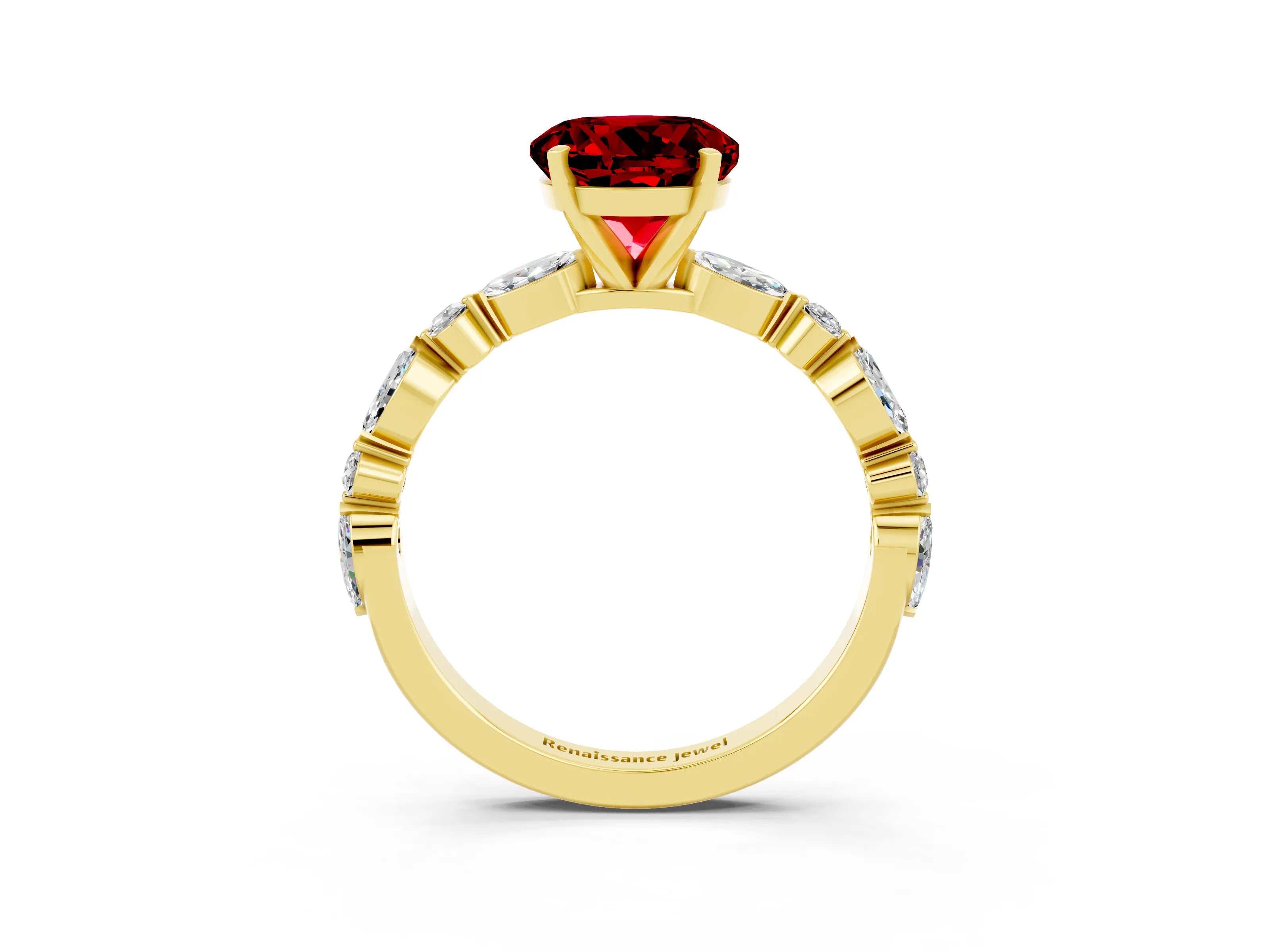 Yellow gold Round Cut Ruby Solitaire with Side Stones on a Pavé Band and Four-Prong Setting_3