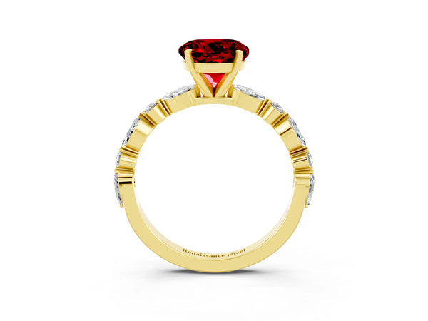 Yellow gold Round Cut Ruby Ring with Marquise and Round  Side Stones and Four-Prong Setting