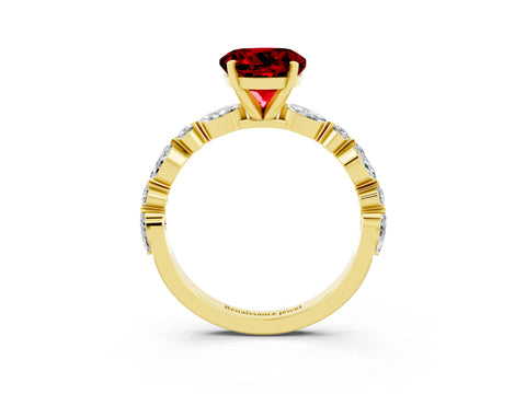 Yellow gold Round Cut Ruby Solitaire with Side Stones on a Pavé Band and Four-Prong Setting_3
