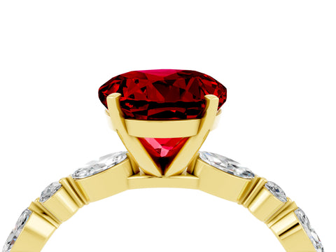Yellow gold Round Cut Ruby Solitaire with Side Stones on a Pavé Band and Four-Prong Setting_4