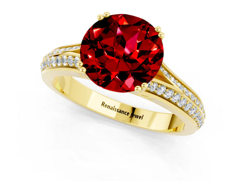 Yellow gold Round Cut Ruby Split Shank Engagement Ring with Pavé Band_1