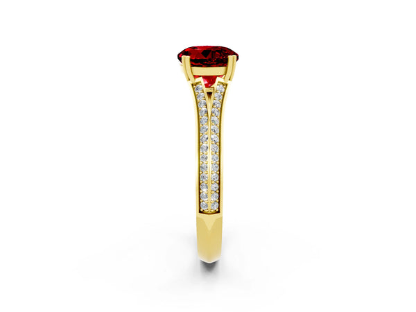 Yellow gold Round Cut Ruby Split Shank Engagement Ring with Pavé Band