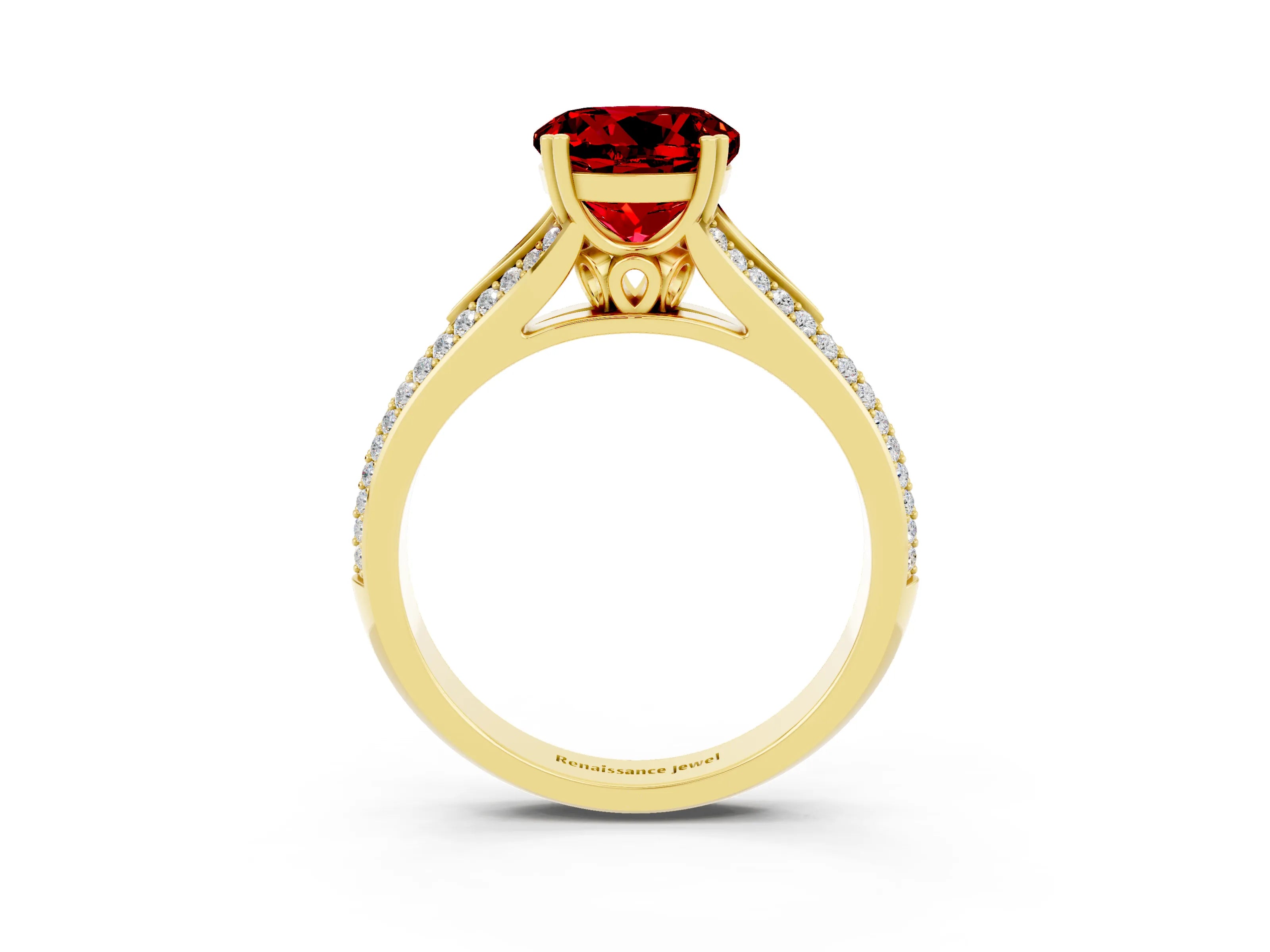 Yellow gold Round Cut Ruby Split Shank Engagement Ring with Pavé Band_3