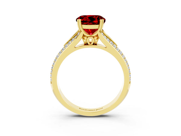 Yellow gold Round Cut Ruby Split Shank Engagement Ring with Pavé Band