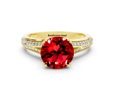 Yellow gold Round Cut Ruby Split Shank Engagement Ring with Pavé Band