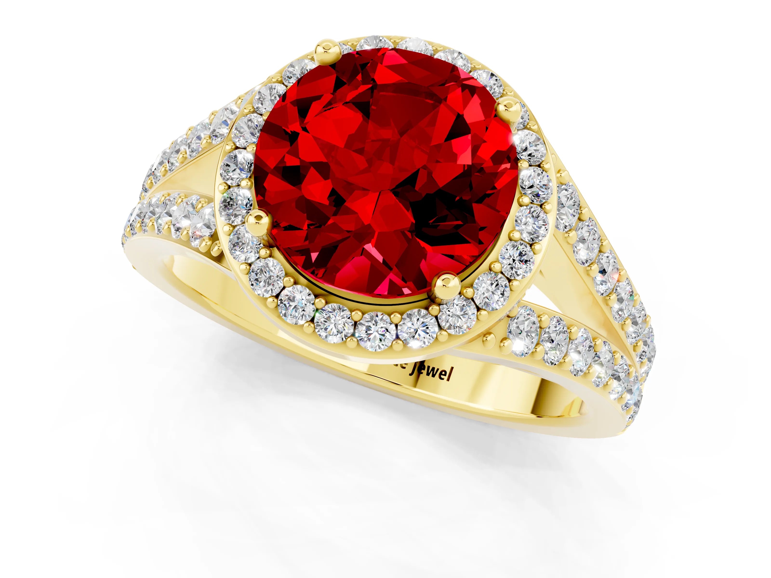Yellow gold Round Cut Ruby Split Shank Halo Ring with Four-Prong Setting_13