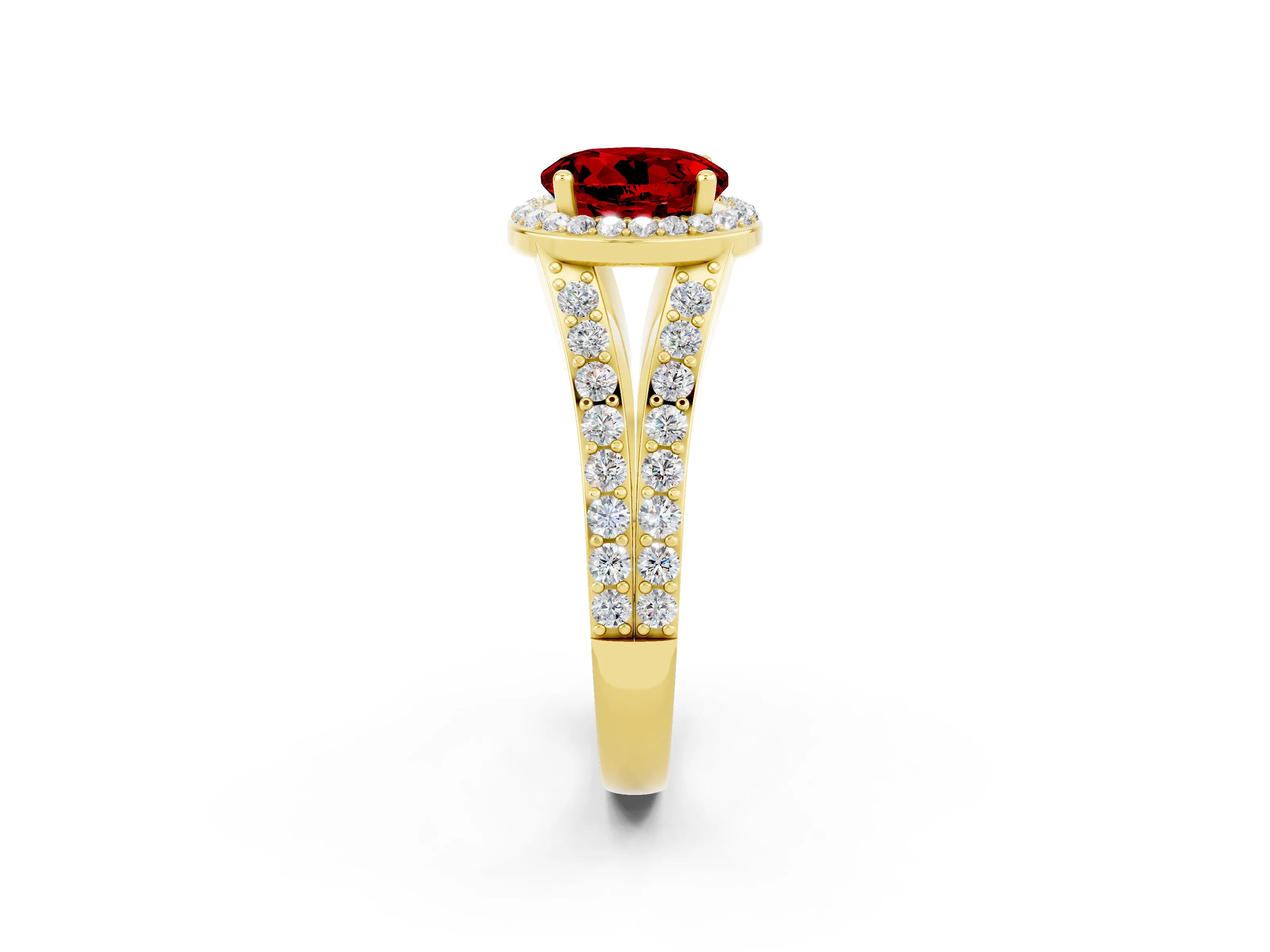 Yellow gold Round Cut Ruby Split Shank Halo Ring with Four-Prong Setting_14