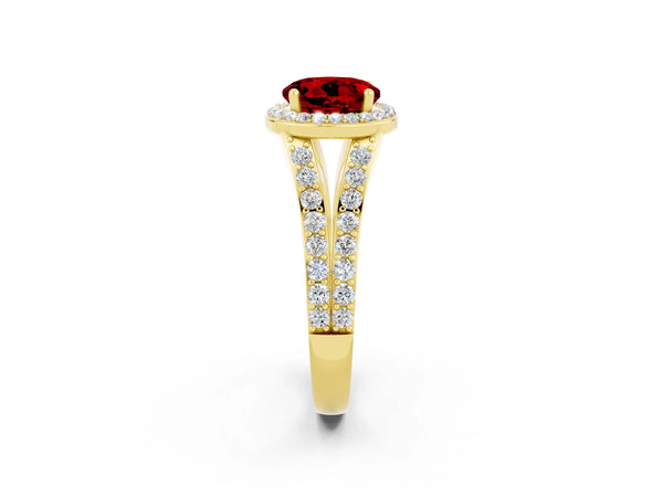 Yellow gold Round Cut Ruby Split Shank Halo Ring with Four-Prong Setting